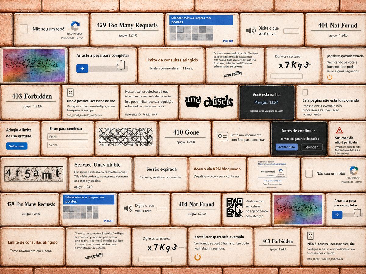 O muro: captchas reais e telas de bloqueio recriadas — as barreiras que hoje se interpõem entre o cidadão e o dado público.