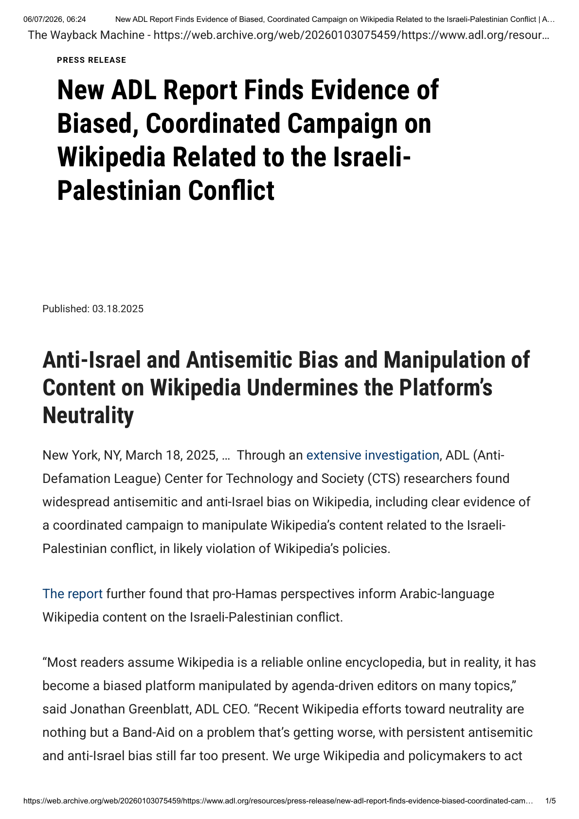 Relatório da Anti-Defamation League sobre viés anti-Israel na Wikipédia, março de 2025