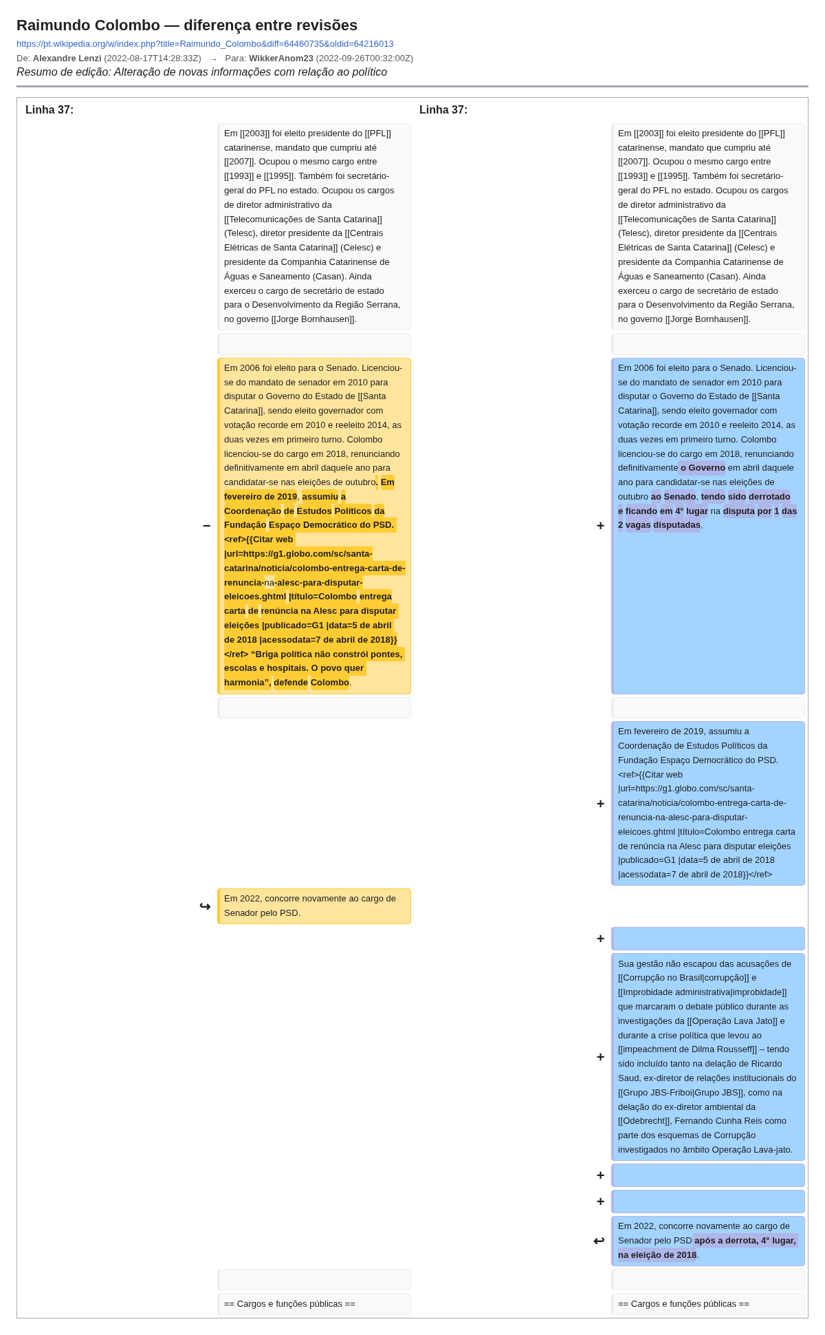 Captura de tela do diff de WikkerAnom23 no verbete de Colombo, 26 de setembro de 2022