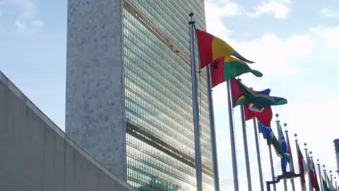 Imagem ilustrativa: Edifício da sede da ONU com bandeiras