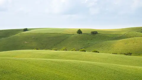 Imagem ilustrativa: Dinamarca: Campo verde em colinas, dia claro