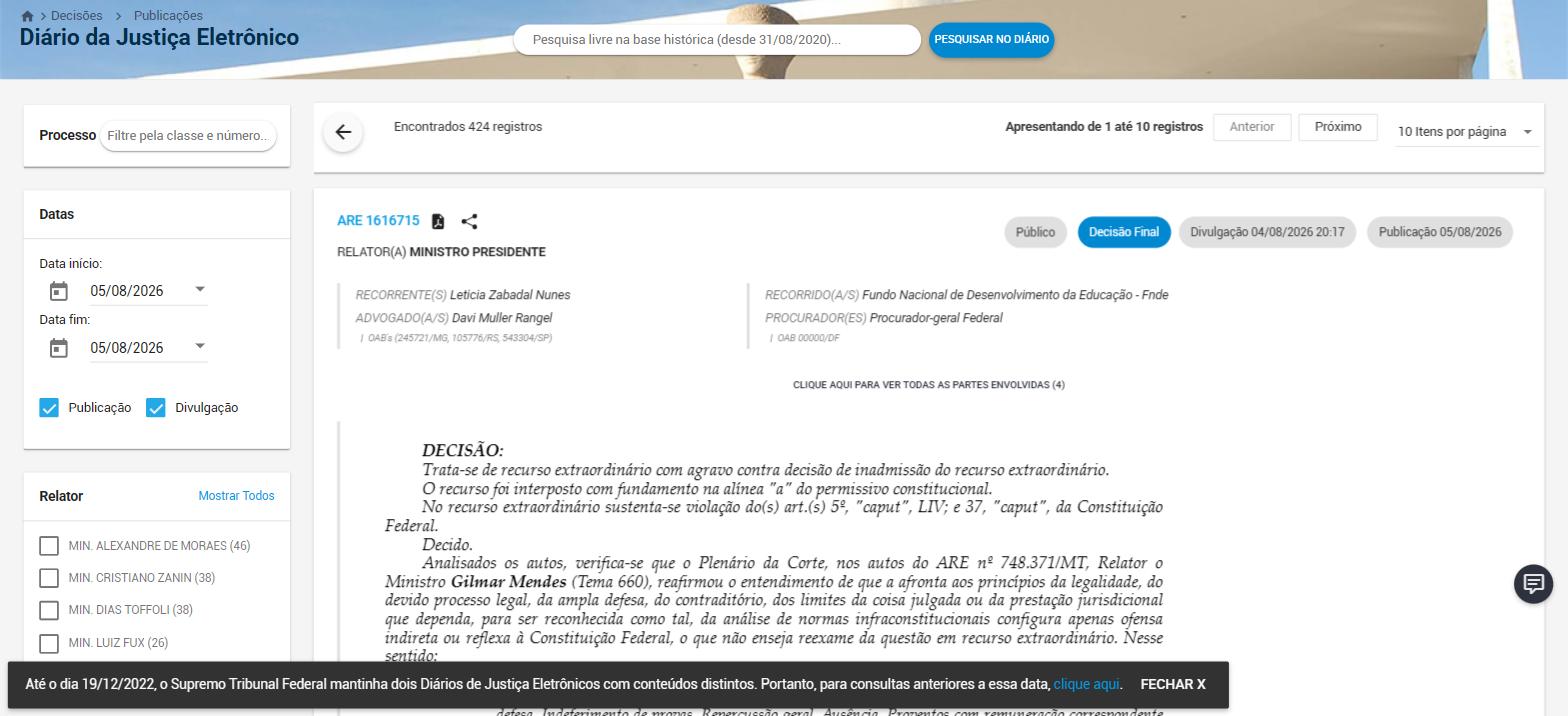 Diário de Justiça Eletrônico do Supremo Tribunal Federal, aberto e legível