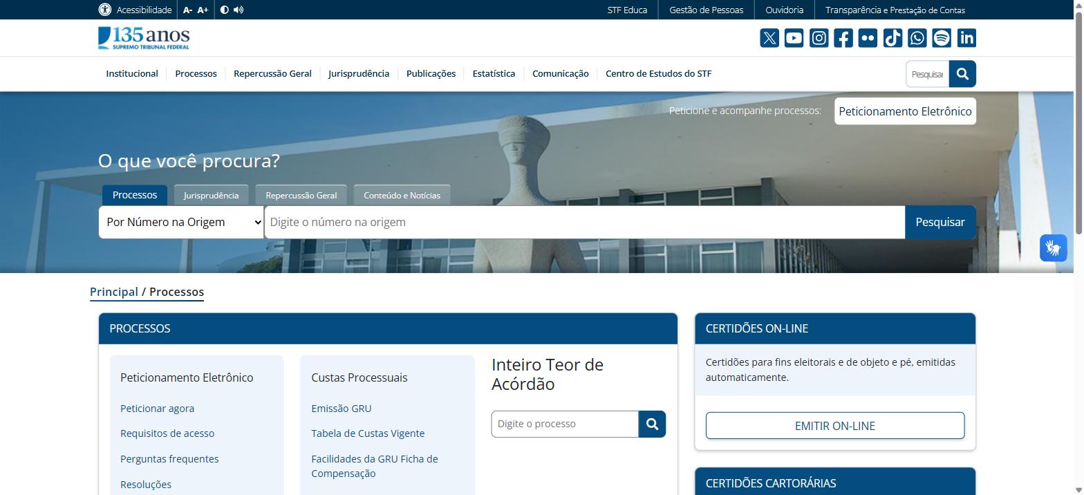 Busca Por Número na Origem selecionada no portal do Supremo Tribunal Federal